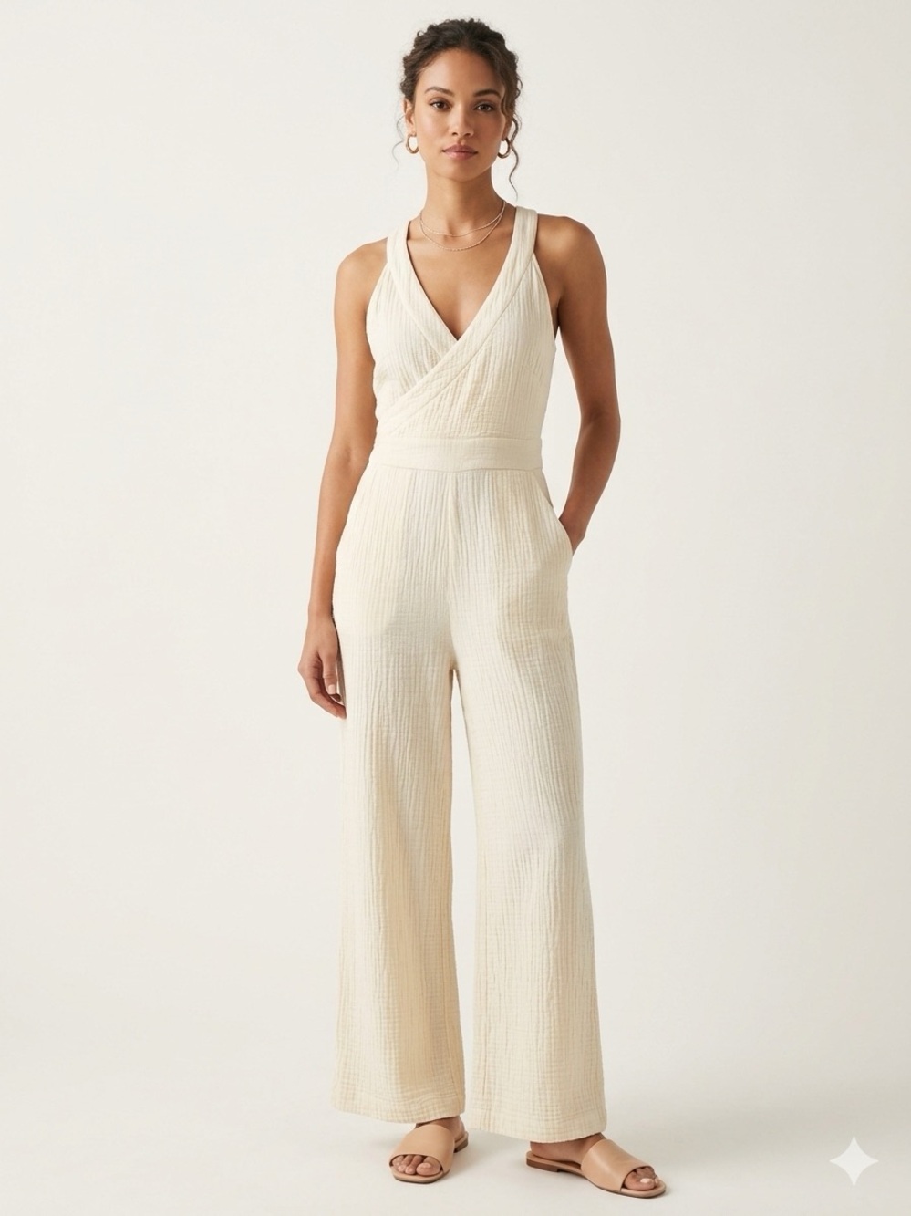 Title: Anthropologie Demi Ivory Cream Textured Gauze Wide Leg Halter Jumpsuit 2